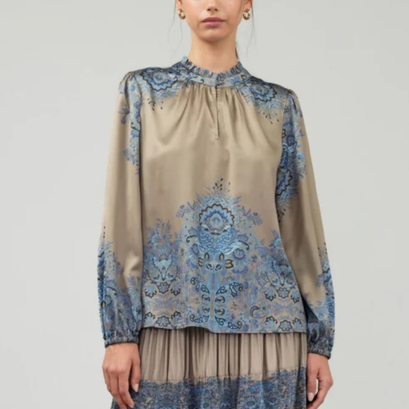 Current Air Tops - Current Air New Ornate Motif Taupe Floral Satin Blouse Shirt Top Size Medium
